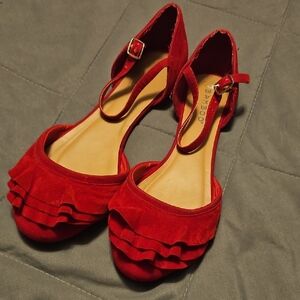 BAMBOO Red Suede Flats with Ruffle Detail